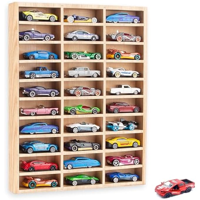 rayihni حامل عرض سيارات الألعاب الخشبية الأنيق مع رفوف قابلة للإزالة، منظم قابل للتعليق لسيارات الألعاب وسيارات ماتش بوكس، يتضمن براغي للتعليق (خشب-30 فتحة) - Image 1